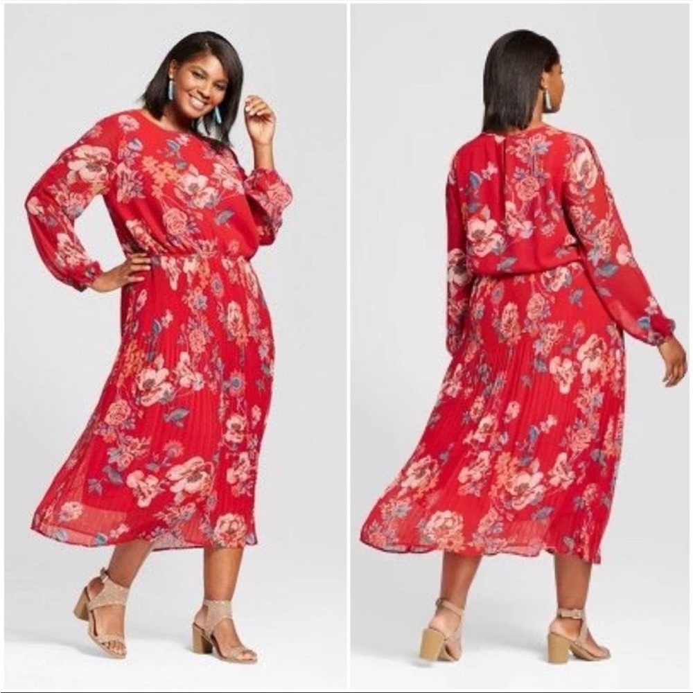 Ava & Viv Red Floral Pleated Midi Dress
